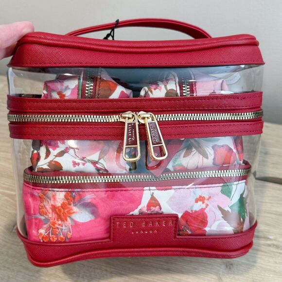 NWT Ted Baker London 4 Four Piece Travel Toiletry Cosmetic Case Set Red Floral - Picture 2 of 10